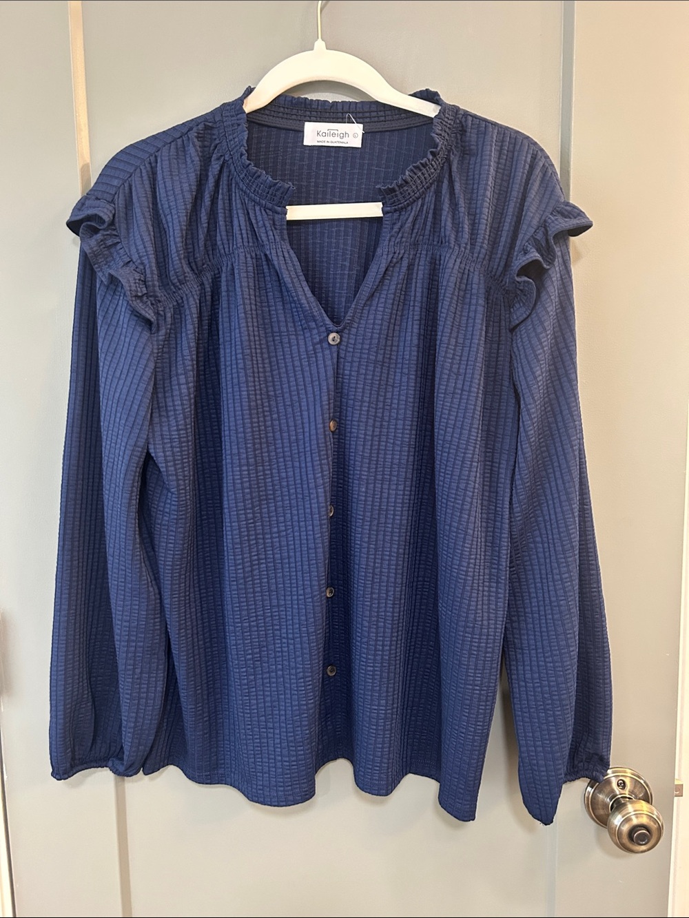 Kaileigh Navy Ruffle-Yoke Button Front Blouse stitch fix size large